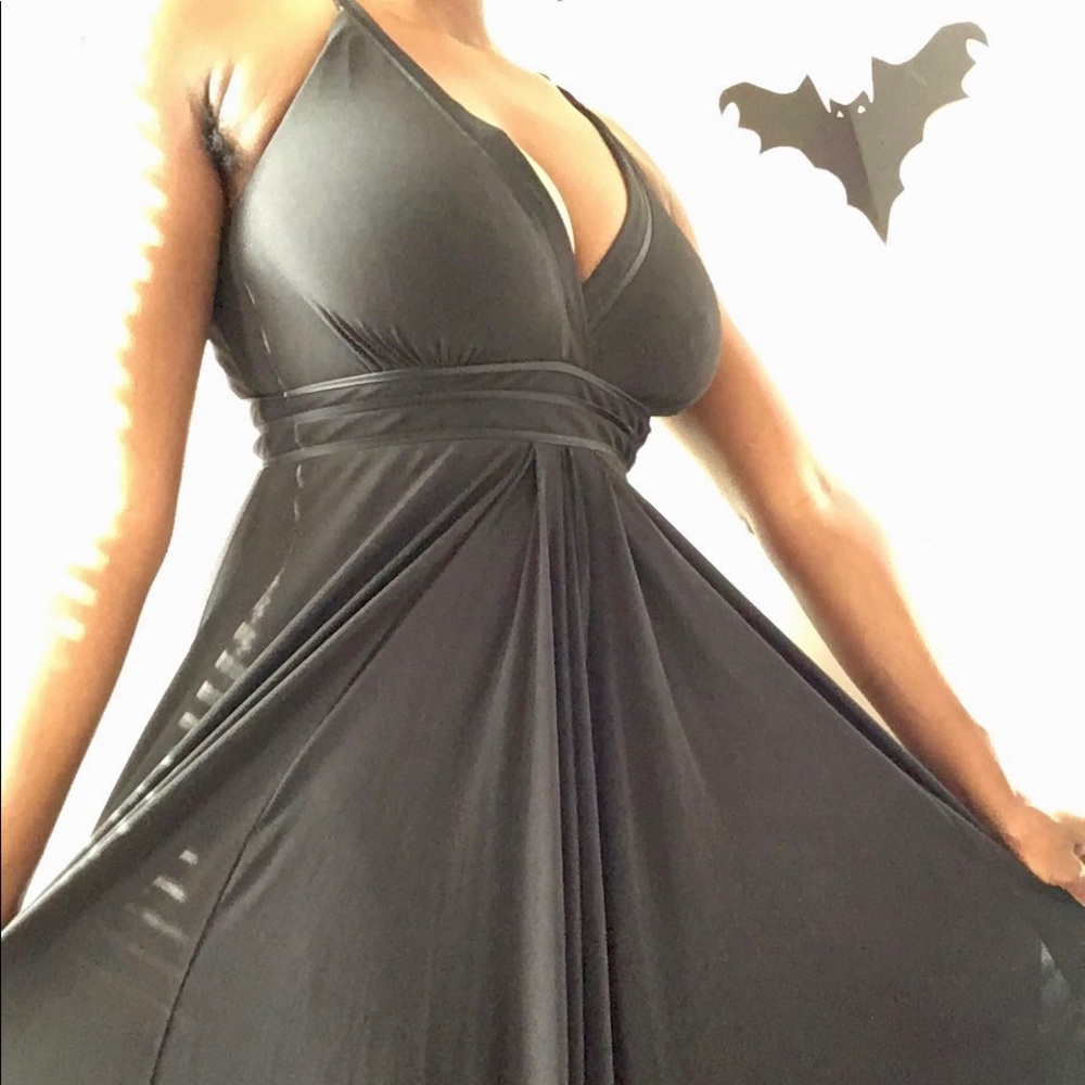 Long formal halter dress with crisscross back.